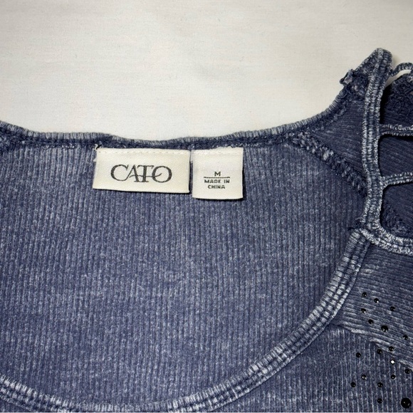 Cato Blue Stone Wash Long Sleeve Top Ribbed Crochet Detail Shoulders Rhinestones - Picture 14 of 15